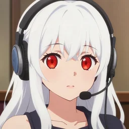 high quality anime portrait of a cute red eyed girl with long white hair wearing a headset in her room interior. art by makoto shinkai, cute face by yoshinari yoh, pixiv, danbooru, hd, headshot, perfect anime face!!!, digital art, cel shading