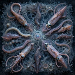 the omni, hatchlings, gelatinosis interwoven layered biomechanical, onscientia, phantastica, aliena, nudibranch, squidworm in symbiosi crusta, uspaceship nocturno pellucens, gelatin cerebri, mollis, exesa, artificia, vortices micro water,, fluida, by peter mohrbacher