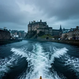 underwater edinburgh city, underwater view of boat wake, submerged edinburgh castle, deep underwater, sharp focus, surrealism, cinematic concept art, unreal engine, 4 k wallpaper, national geographical