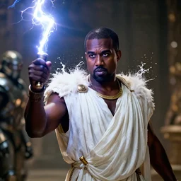 kanye west as zeus!!!, god of thunder, greek god, white robe, thunderbolt, in mortal kombat, gears of war, mythology, fantasy, detailed face, splash art, movie still, cinematic lighting, dramatic, octane render, long lens, shallow depth of field, bokeh, anamorphic lens flare, 8 k, hyper detailed, 3 5 mm film grain