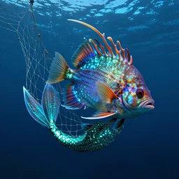 a twisted bioluminescent ultra realistic demonic angler fish mermaid caught in some netting out at sea
