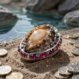 block of abalone block of inlaid silver, block of ruby, sand, water reflecting pool coins photo