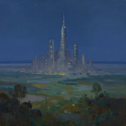 a beautiful oil painting of a futuristic city in a serene landscape at night under the horizon line in the upper third by john howe and albert bierstadt and alena aenami and dan mumford and dave noton, unreal engine, trending on behance