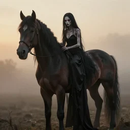 photo of a demonic horse, with an emaciated skinny human body. it has albino skin, long shiny black hair and red glowing eyes, it is wearing a long black silk nightgown, moody, foggy and atmospheric, golden hour, soft focus, horror