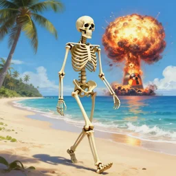 Beautiful digital painting portrait of relaxed skeleton walking on the tropical beach with nuclear bomb explosion in the background nuclear bomb explosion in the background, by James Gurney, high quality, trending on Artstation, realistic, tropical color scheme, anatomically correct skeleton, high coherence, clear blue sky
