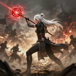 dragon age character wynne, 5 0 years old woman white long hair tied bun holding long staff red orb, shooting magic, middle of battle, background full of war silhouettes, fighting, full body, epic, d and d, cinematic, dynamic lighting, concept art, rich color, bioware, by greg rutkowski