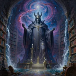 a beautiful painting of a large warlock shrine shrouded by mystic nebula magic in an endless temple library by moebius and android jones, galactic waterfalls, oil on canvas sharp, details, hyper - detailed, hd, hdr, 4 k, 8 k