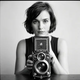 photo of Helena Bonham Carter by Diane Arbus, black and white, high contrast, Rolleiflex, 55mm f/4 lens