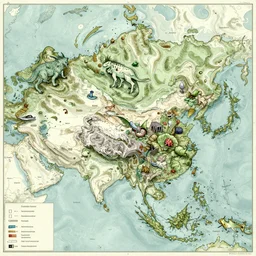 topographical map of a fantasy world, drawing, monsters