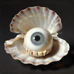 a shell containing a ball made out of eyes and teeth, artwork by james ensor