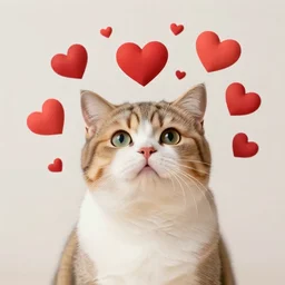 cute cat falling in love with hearts around her head, 4k