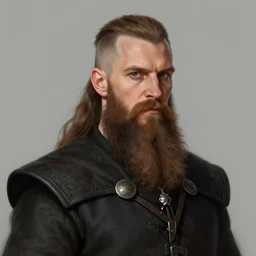 Mid 30s Viking with long brown beard, Short Brown Hair, wearing a black noble suit, D&D Character Head Portrait, Digital Art, Detailed, Trending on Artstation