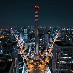 A futuristic city street lit by a massive arcology building, viewed from a high vantage point. A large, smokestack-like tower rises into the air, its many reflective surfaces reflecting the neon lights of the city below.