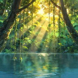 A lake in the middle of a rainforest, vines hanging over the water, golden hour, vibrant, sunbeams, stunning lighting, art by Makoto Shinkai