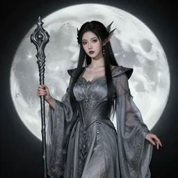 professional photograph of a real - life beautiful elemental lunar witch with ornate grey robes and staff. extremely detailed. 8 k