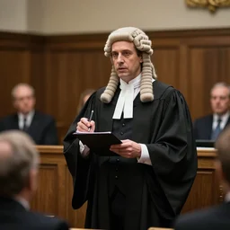 realistic photograph of an english barrister wearing a wig and robe addressing a jury in a crown court