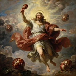 the flying spaghetti monster in all his glory, saint, holyness, dramatic lighting, epic cirrus radiating clouds, godrays, meatballs, hyper realistic classic painting, religious