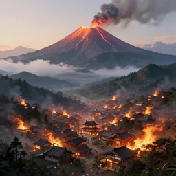 a powerful japanese village high in mountains, burning village, calm morning, fanart artstation global illumination rtx hdr fanart arstation 3 d, volcano, concept art by greg rutkowski and laurie greasley, fantastic landscape, 8 k, cinematic color grading