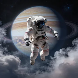 futuristic astronaut falling through jovian clouds in jupiter, psychedelic cyberpunk art by cedric peyravernay, highly detailed, excellent composition, cinematic concept art, dramatic lighting, trending on artstation