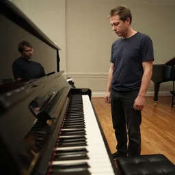the worlds longest piano with a man standing next to it.