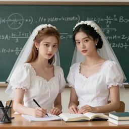 Two beautiful brides studying mathematics together in a university class near a blackboard, fashion photography by Annie Leibovitz, hyperrealistic, highly detailed, depth of field, High definition, 8k,  octane render, artstation