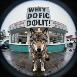 a werewolf protesting an abortion clinic in the rain, 60s photograph, fish eye lens, hyperrealism, unreal engine, artstation, 4k