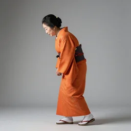 bunraku puppet, lone old woman walking bent, black hair and an orange kimono, side view, studio lighting, sigma 8 5 mm f / 1. 4, hd, 8 k