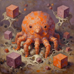 oil painting clustered orange & puce cube mollusk creature panorama behemoth squared in nonsensicall horrific bone pile baked at 6 0 0 f