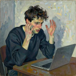 a * poetic * painting of a * distressed * man arguing and debating over the internet, early morning. by egon schiele