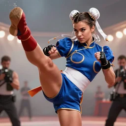 miley cyrus as chun li from street fighter, kicking, 4 k, ultra realistic, detailed focused art by artgerm and greg rutkowski and alphonse mucha
