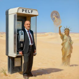 saul goodman at a lonely!!!! pay phone in the desert!!!!, painting by'phil hale '!!! gaston bussiere, craig mullins, greg rutkowski, alphonse mucha, lady liberty