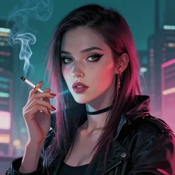 cyberpunk woman with long hair smoking a cigarette in a metropolis, high detail, curious eyes, blended shading, in the style of lisa frank and bob ross and ruan jia, artstation, half body portrait