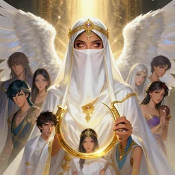 a beautiful arabian female angel wearing a white niqab with jewelry by alex gray, android jones, nekro, karol bak, ayami kojima, artgerm, yoshitaka amano, olivier ledroit, ruan jia, charlie bowater, tom bagshaw, shining light, arabian eyes, colorful eyes, golden hora, concept art, fantasy