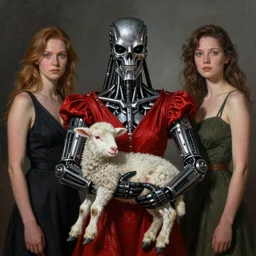 a detailed fantasy character painting of The Terminator in a red dress holding an lamb, by lauri blank, artgerm, evelyn de morgan, 8K, 50mm lens