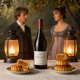 a bottle of wine sitting on a table, surrounded by mooncakes and lanterns, by ian mcque and henri rousseau, style of still life, long exposure, pride & prejudice