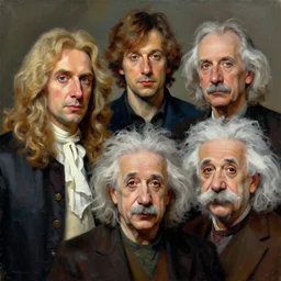 painterly family portrait, isaac newton and stephen hawking and albert einstein, impasto, fantasy, chuck close:7, carl spitzweg:7, cinematic light, full face, symmetrical face