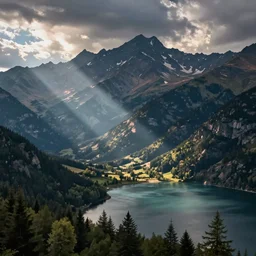mountains, trees, and lake