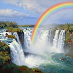 waterfalls, wilderness, open sky, ( ( ( ( ( ( rainbow ) ) ) ) ) ), painting by bob ross
