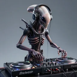 3d render of photoreal xenomorph alien wearing headphones DJing with DJ turntables, unreal