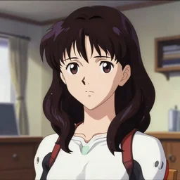 lighting by james gurney. close portrait. apartment bg. screenshot of a scene in neongenesisevangelion of miss katsuragi misato painted by norman rockwell. shoulderlength wavy dark purple hair. trendy 1 9 9 0 s attire. ro 3. digital. trending on artstation. masterpiece. contributions by mangakas kaoru mori, tsukasa ho
