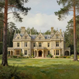 landscape of a large victorian manor house in a pine forest, well lit, detailed, cinematic lighting, oil painting