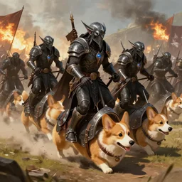 dark elves riding armored corgi dogs into battle, trending on artstation