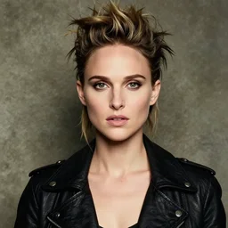 promotional image of natalie portman as a british punk rocker in the 80s, rugged black clothes, dyed short hair, tatoos, detailed face, movie still frame, promotional image, imax 70 mm footage