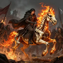 ainz ooal gown leading the undead army to battle riding a flaming skeleton horse, art by so - bin