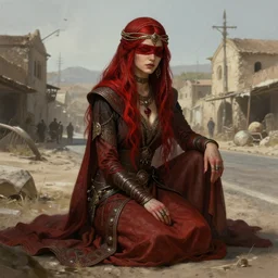 a full body portrait of a beautiful post apocalyptic offworld butchers district bedouin blind pulp fiction scarlet wild rogue barbarian leper begging by the roadside, intricate, elegant, highly detailed, digital painting, artstation, concept art, smooth, sharp focus, illustration, art by krenz cushart and artem demura and alphonse mucha