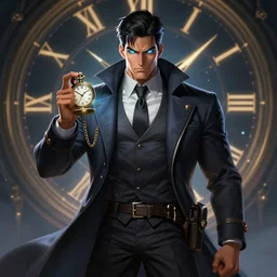 a highly detailed illustration of Daniel Matsunaga as serious detective wearing detective coat, glowing eyes, dramatic standing holding pocket watch with chain pose, infinite space clock background, muscular, intricate, elegant, highly detailed, centered, digital painting, artstation, concept art, smooth, sharp focus, league of legends concept art, WLOP