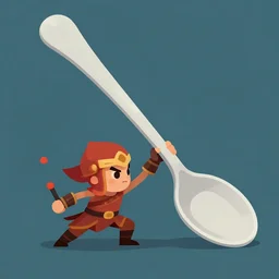 tiny warrior that fights using a giant spoon, digital art