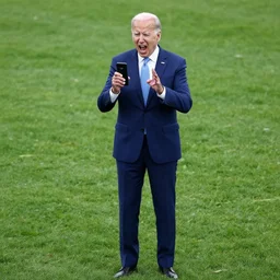 joe biden standing on a grass field whilest presenting a phone and screaming.