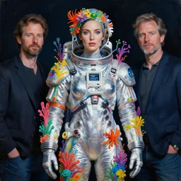 portrait painting by wayne barlow and carlo crivelli and glenn fabry, a woman in a skintight silver shining spacesuit with colorful iridescent detailing, covered in bright colorful alien flora and fauna