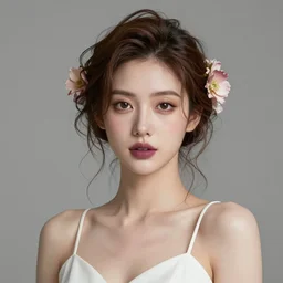 complex 3 d render, ultra detailed, realistic portrait of a beautiful porcelain skin woman, face, wavy hair worn tied back in a messy bun, open eyes, flowers in hair, brown eyeshadow, mauve lips, natural makeup, 1 0 0 mm lens, beautiful, studio portrait, white spaghetti strap dress,